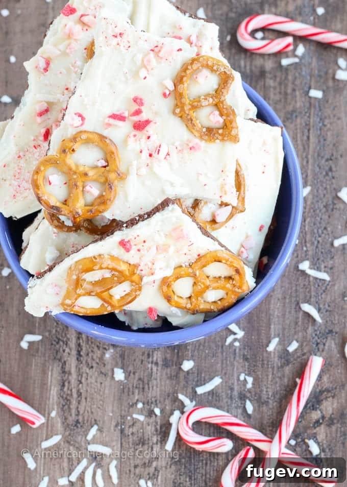 Crunchy Coconut Peppermint Pretzel Bark 5 This easy Coconut Peppermint Pretzel Bark is a minty mix of white and dark chocolate with candy cane "snow", salty pretzels and a hint of coconut! You will love the holiday mint flavor!