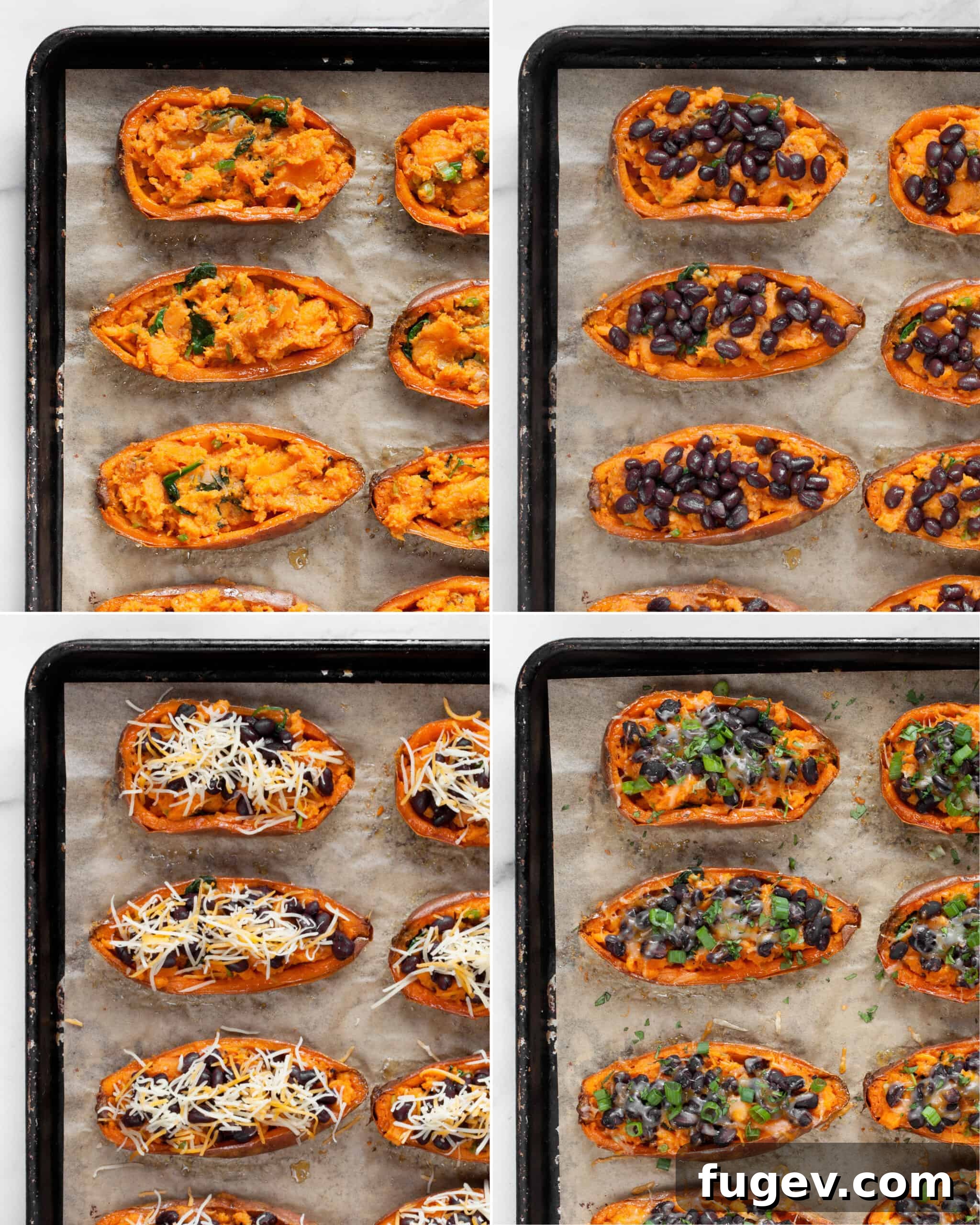 Sweet Potato Boats 6 Sequence of steps showing how to fill sweet potato skins with mixture, then top with black beans and cheese before baking