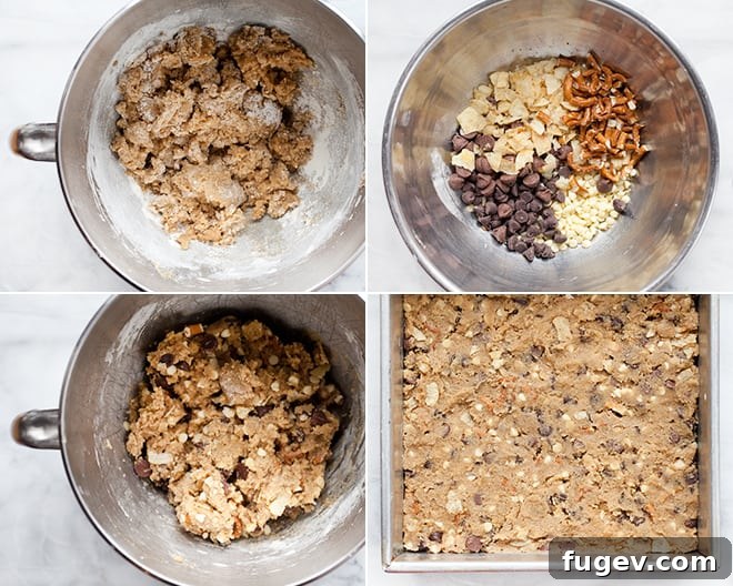 Ultimate Everything Bars 2 Close-up of freshly baked Kitchen Sink Bars showing the mixed-in ingredients