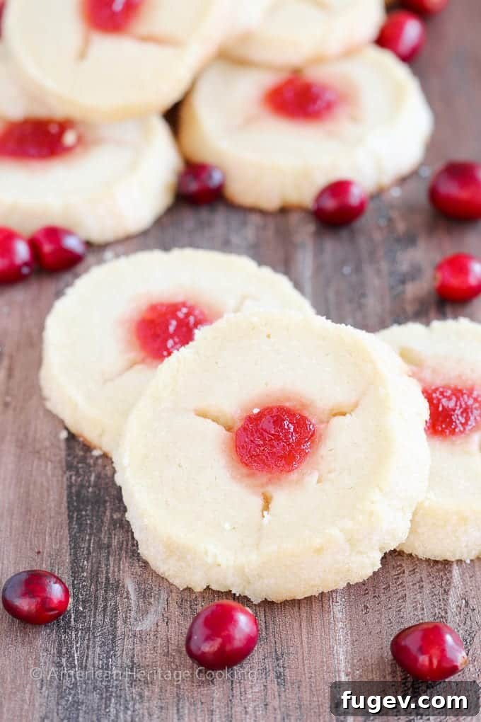 Festive Thumbprint Gems 4 A close-up of a festive Cranberry Thumbprint Cookie, showing the rich, buttery shortbread and the glossy, red Moscato cranberry jam filling.
