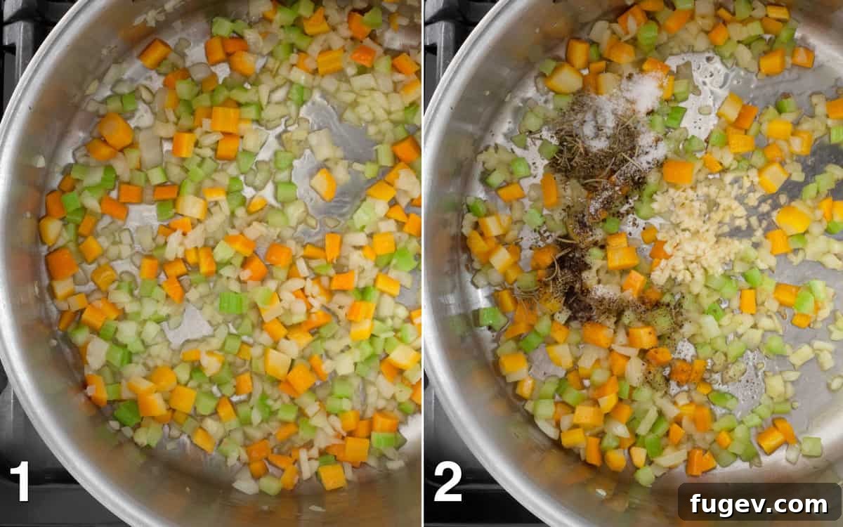 Wholesome Garden Minestrone 4 Sautéing carrots, celery, and onions in a large pot, followed by adding garlic and spices for a fragrant base.