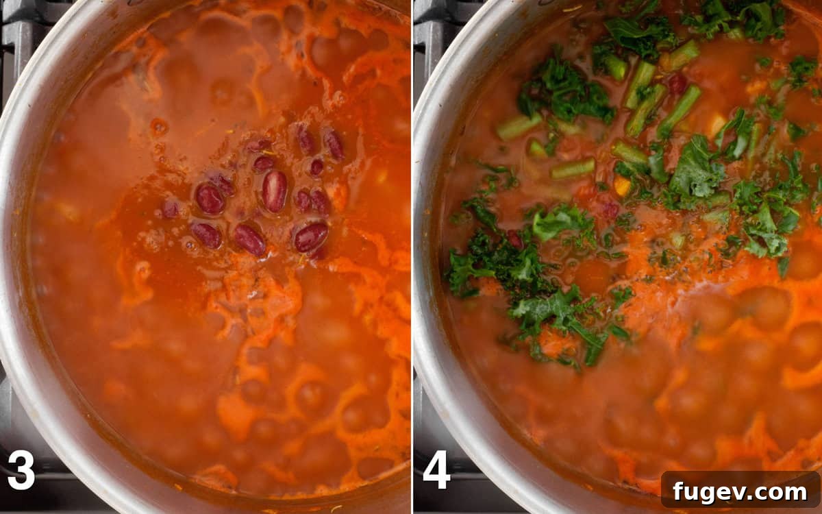 Wholesome Garden Minestrone 5 Adding beans, crushed tomatoes, and vegetable broth to the sautéed aromatics, then simmering before incorporating kale and green beans.
