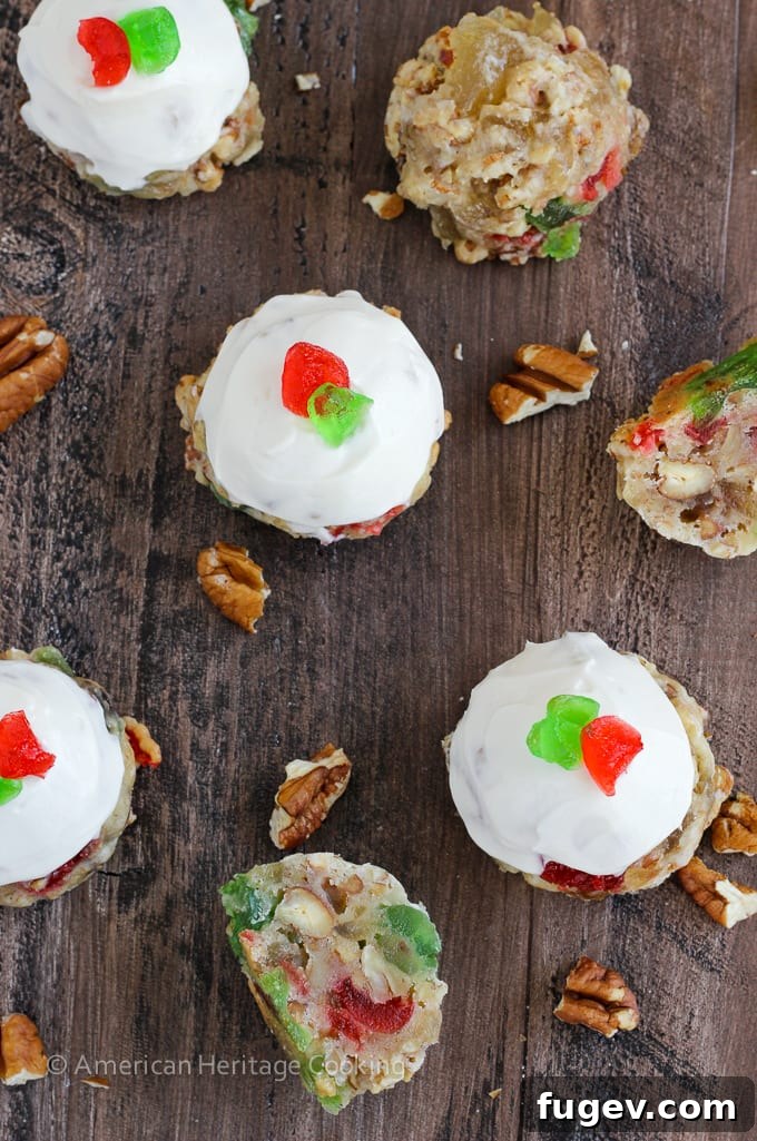 Decadent Fruitcake Cookies with Boozy Cream Cheese Frosting 2 Fruitcake Cookies are chewy sugar cookies stuffed full of candied fruits, raisins and toasted pecans for a unique twist on the classic Christmas fruitcake! Topped with a brandy cream cheese frosting, these little cookies are irresistible!
