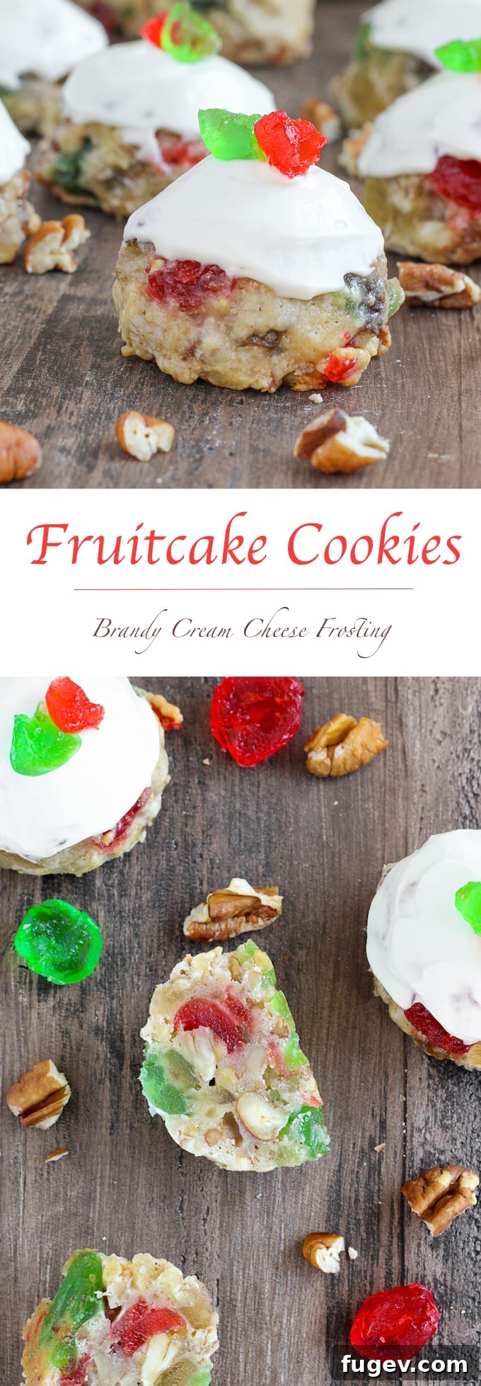 Decadent Fruitcake Cookies with Boozy Cream Cheese Frosting 9 Fruitcake Cookies are chewy sugar cookies stuffed full of candied fruits, raisins and toasted pecans for a unique twist on the classic Christmas fruitcake! Topped with a brandy cream cheese frosting, these little cookies are irresistible!