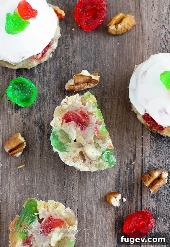 Decadent Fruitcake Cookies with Boozy Cream Cheese Frosting 7 Fruitcake Cookies are chewy sugar cookies stuffed full of candied fruits, raisins and toasted pecans for a unique twist on the classic Christmas fruitcake! Topped with a brandy cream cheese frosting, these little cookies are irresistible!