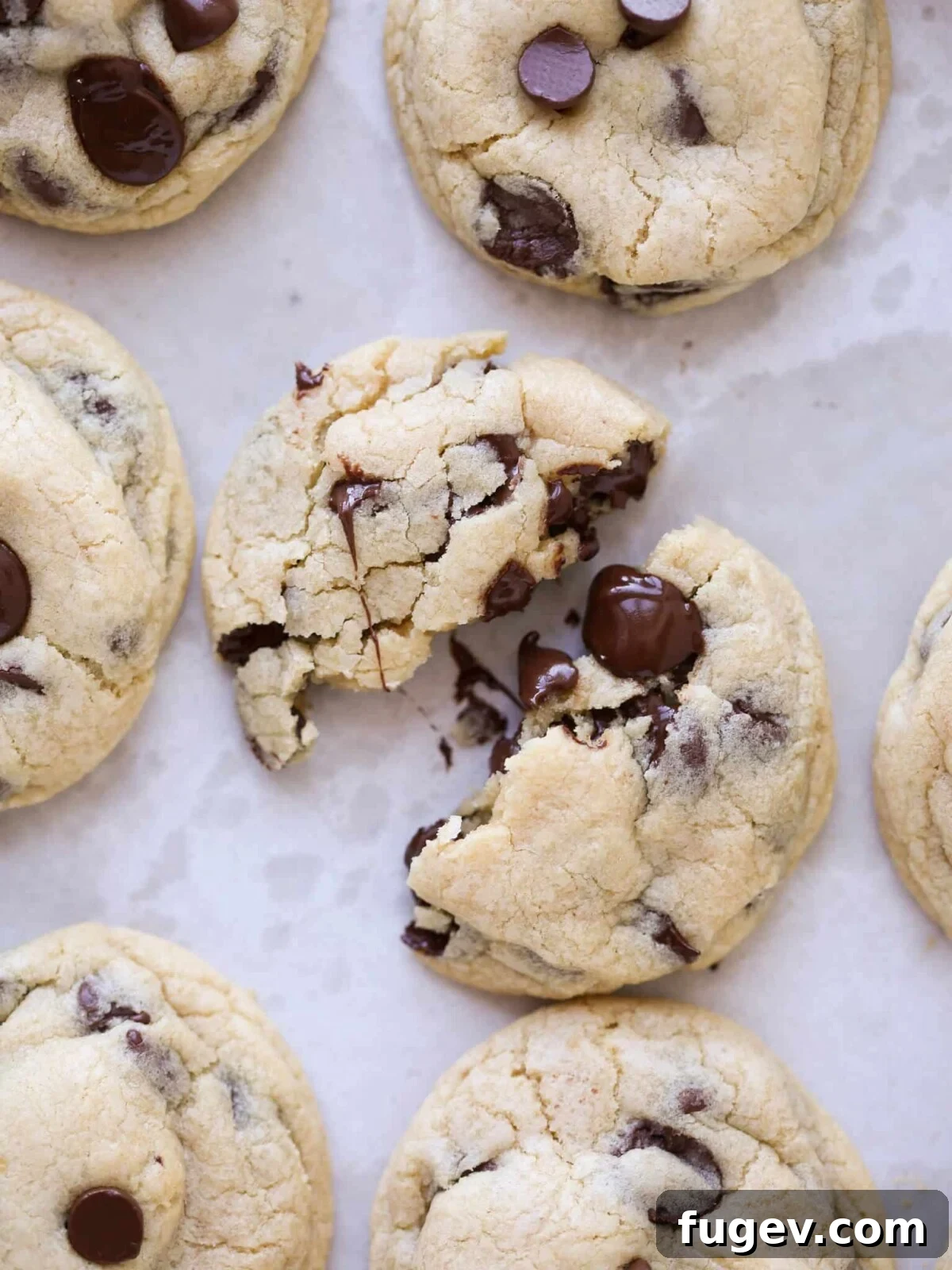 16 Festive Chocolate Christmas Cookies 20 A delicious cream cheese chocolate chip cookie, broken in half on a sheet pan to reveal its soft, chewy interior.