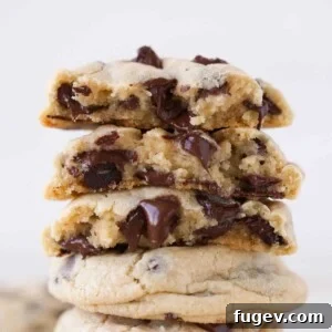 Three stacked cream cheese chocolate chip cookies, one broken in half to showcase its delightful chewy texture.