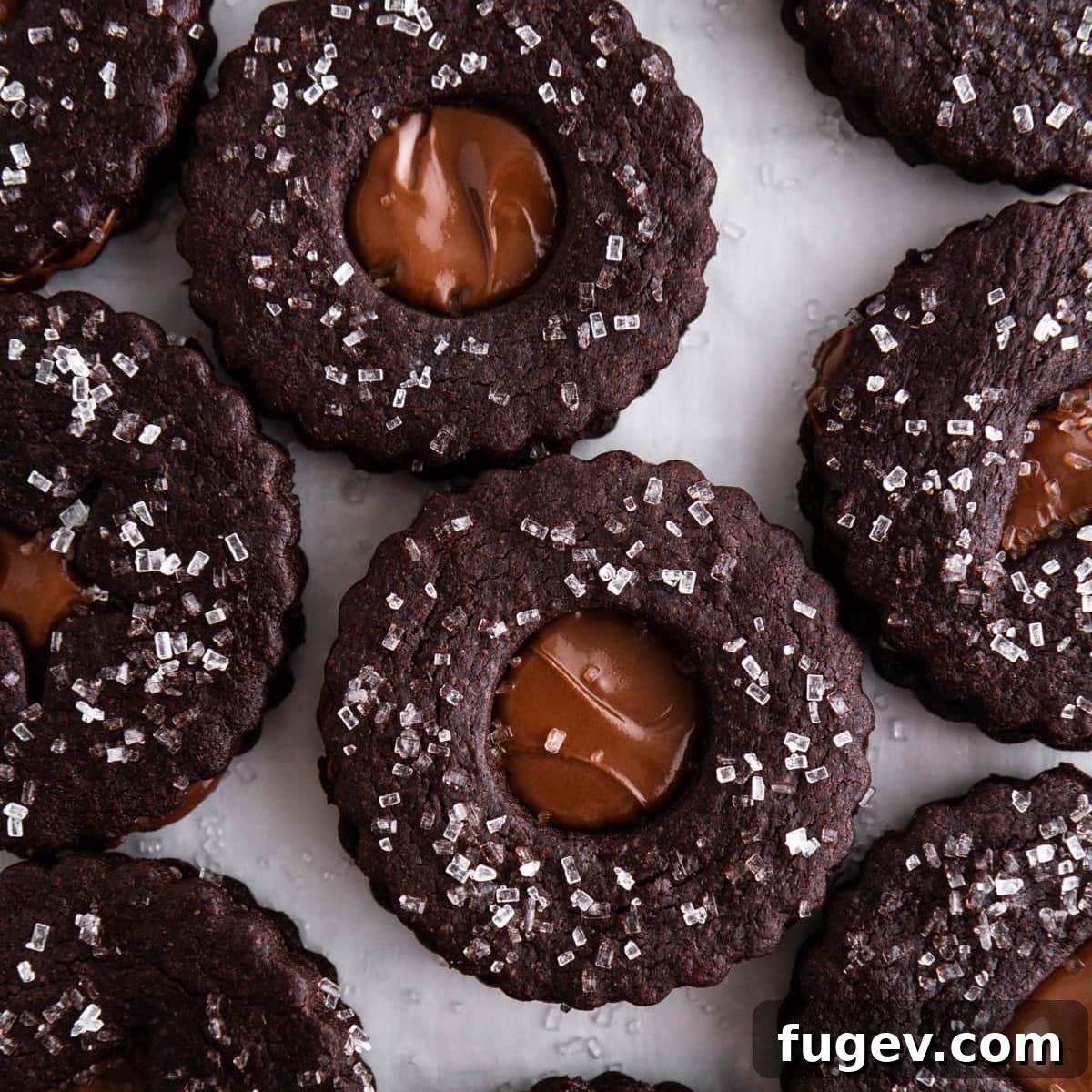 16 Festive Chocolate Christmas Cookies 26 Elegant Chocolate Nutella Linzer Cookies, adorned with sparkling sanding sugar, creating a delicious and festive treat.