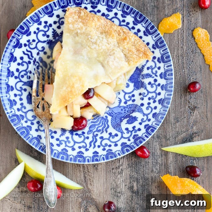 Vibrant Cranberry Orange Pear Pie 5 Close-up of the crimped edge of a Cranberry Orange Pear Pie, showing the sparkling turbinado sugar on the crust.
