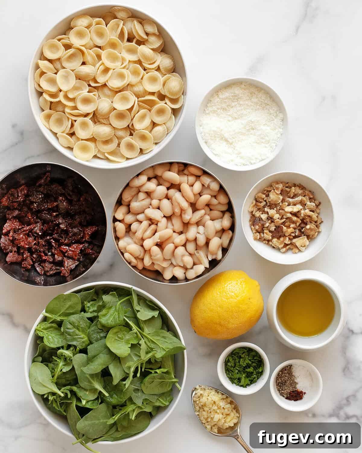 Zesty Lemon White Bean Pasta with Sun-Dried Tomatoes and Fresh Greens 2 A vibrant flat lay of all ingredients required for Lemony White Bean Pasta, including orecchiette, sun-dried tomatoes, cannellini beans, pecorino cheese, walnuts, baby greens, various seasonings, lemon, and olive oil.