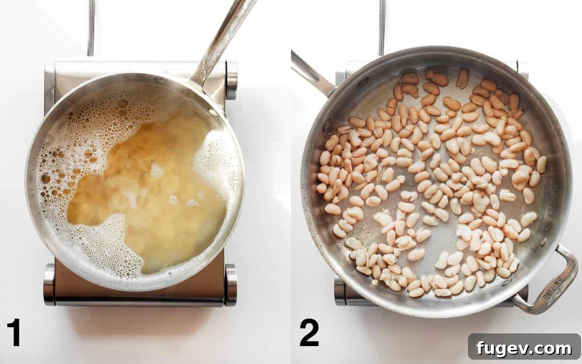 Zesty Lemon White Bean Pasta with Sun-Dried Tomatoes and Fresh Greens 3 Two images side by side: one showing orecchiette pasta simmering in a pot of boiling water, and the other depicting white cannellini beans gently sautéing in a skillet with olive oil.