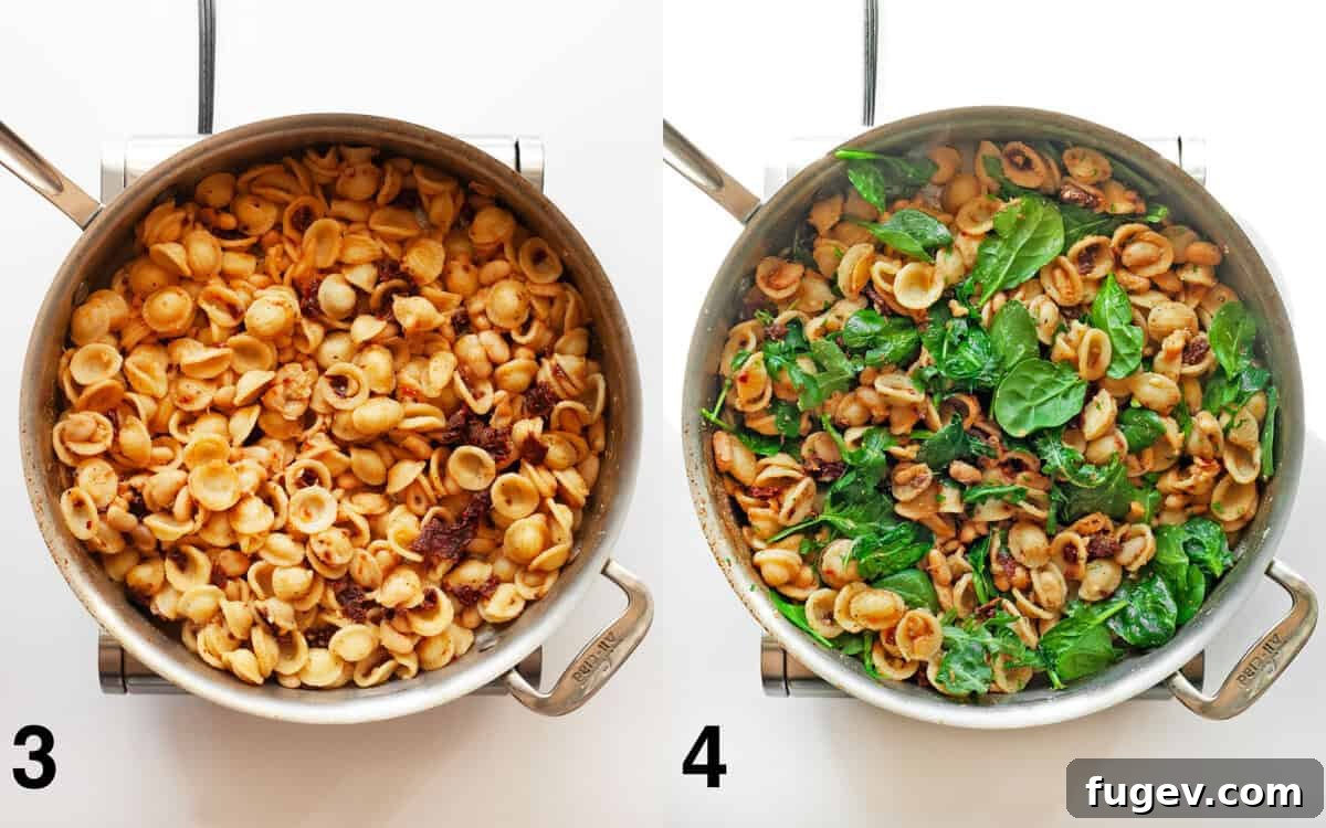 Zesty Lemon White Bean Pasta with Sun-Dried Tomatoes and Fresh Greens 4 Two images side by side: one showing sun-dried tomatoes and pasta being stirred into sautéed white beans in a skillet, and the other showing fresh baby greens being folded into the finished pasta dish in the same skillet.