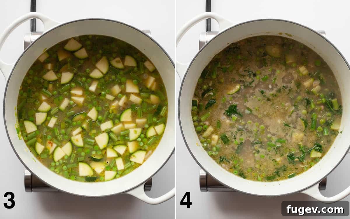 Vibrant Garden Minestrone 5 The green minestrone soup simmering in a pot, rich with vegetables and broth, with kale, pesto, and lemon juice just stirred in, adding a final burst of fresh flavor.