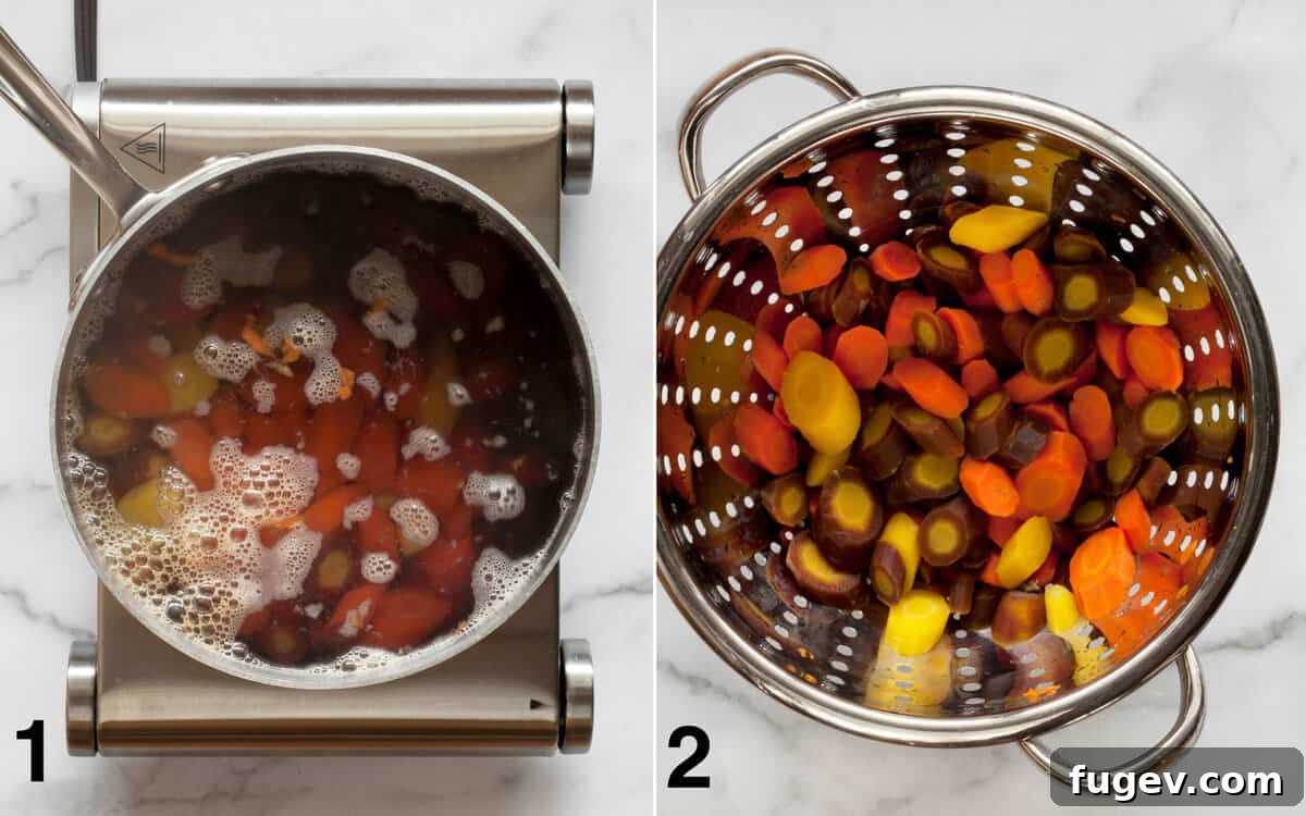 Bright Moroccan Carrot Salad 4 Two images side-by-side: one shows carrots simmering in a saucepan, and the other shows cooked carrots being drained in a colander under cold water.