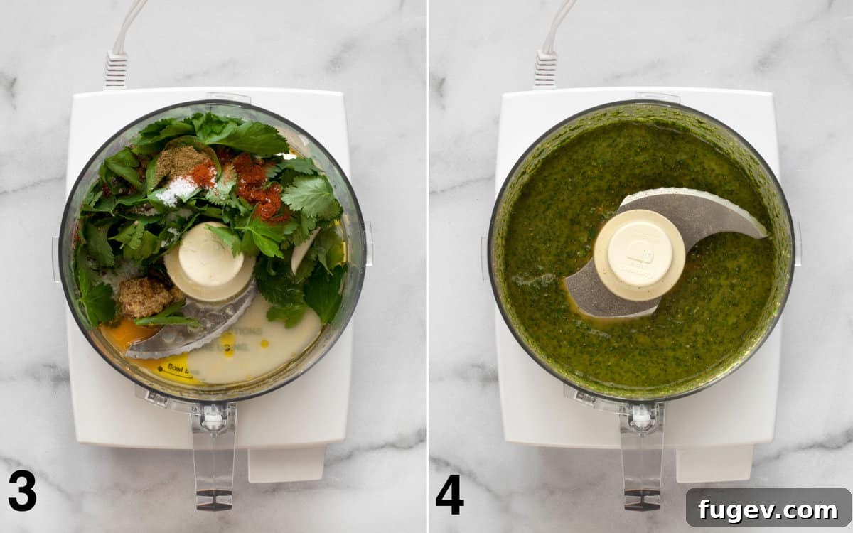 Bright Moroccan Carrot Salad 5 Two images side-by-side: one shows all dressing ingredients placed inside a food processor bowl, and the other shows the ingredients pureed into a smooth, green dressing.