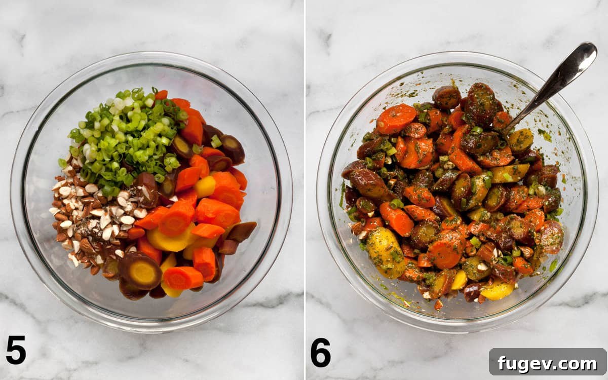 Bright Moroccan Carrot Salad 6 Two images side-by-side: one shows cooked carrots, sliced scallions, and chopped almonds in a large mixing bowl, and the other shows the herby dressing being tossed into the salad ingredients.
