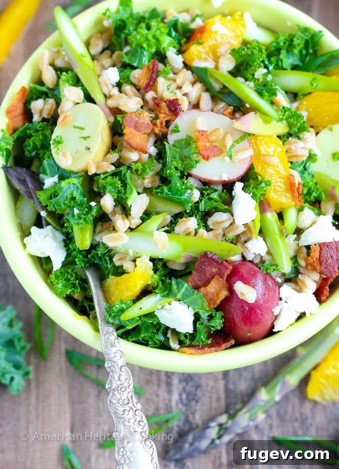 Vibrant Spring Farro Salad with Asparagus and Orange 3 Close-up of crispy raw asparagus in a fresh farro salad