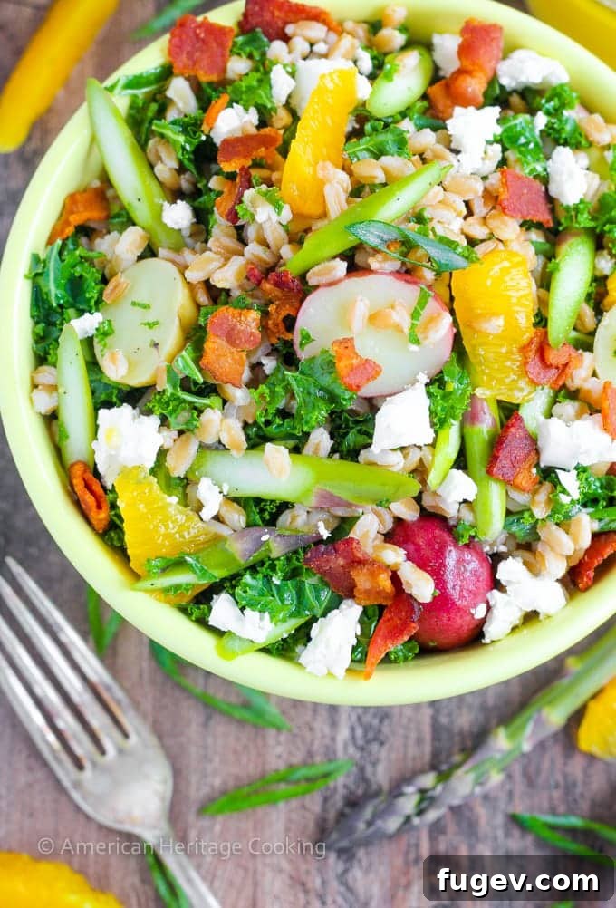Vibrant Spring Farro Salad with Asparagus and Orange 4 Perfectly cooked and crumbled bacon for the farro salad