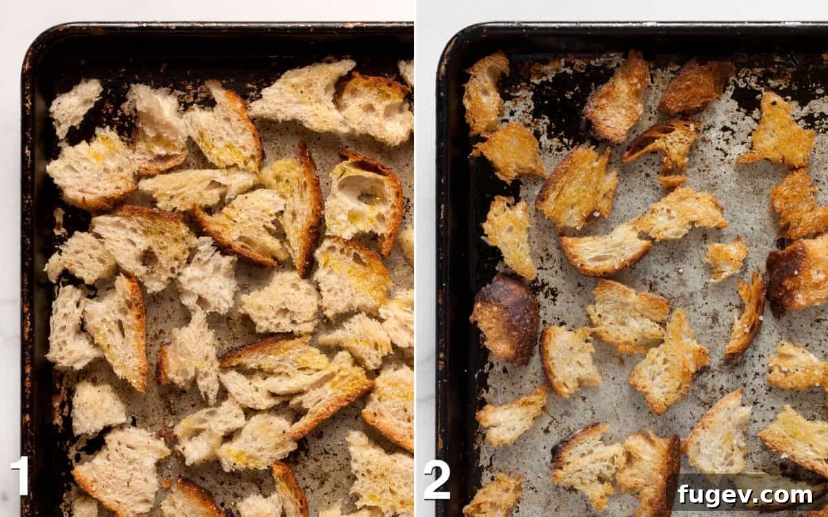 Spring Asparagus and Cannellini Bean Salad 4 Two images side by side showing sourdough bread cubes before and after toasting on a baking sheet, illustrating the golden brown result.