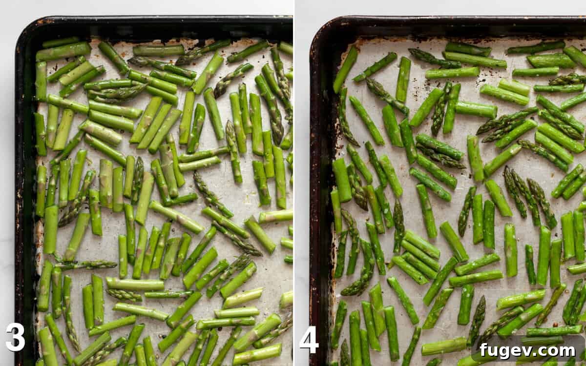 Spring Asparagus and Cannellini Bean Salad 5 Side-by-side comparison of fresh asparagus spears on a baking sheet before and after roasting, showcasing the vibrant green color and slight char.