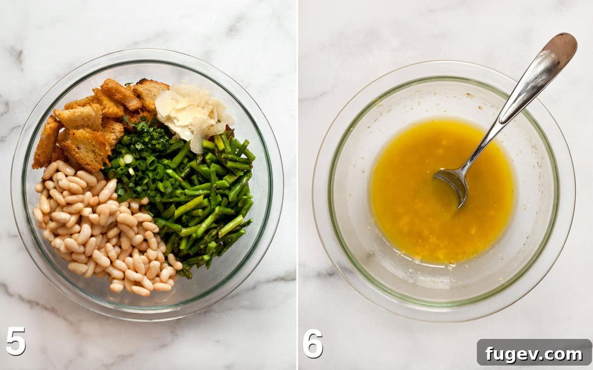 Spring Asparagus and Cannellini Bean Salad 6 One image showing salad ingredients in a large bowl and another showing vinaigrette being whisked in a small bowl, ready for combining.