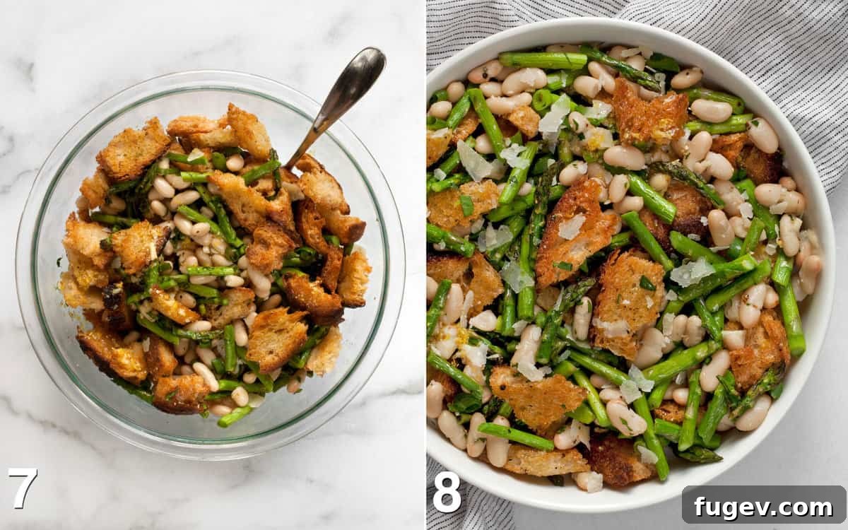 Spring Asparagus and Cannellini Bean Salad 7 Two images: one showing dressing drizzled over salad ingredients in a bowl, and the other showing the finished asparagus salad served in a decorative bowl.