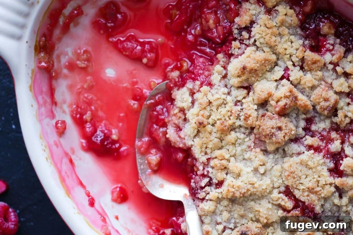 Homestyle Raspberry Rhubarb Crumble 3 Raspberry rhubarb crisp baked in a white ceramic dish with a golden brown topping.