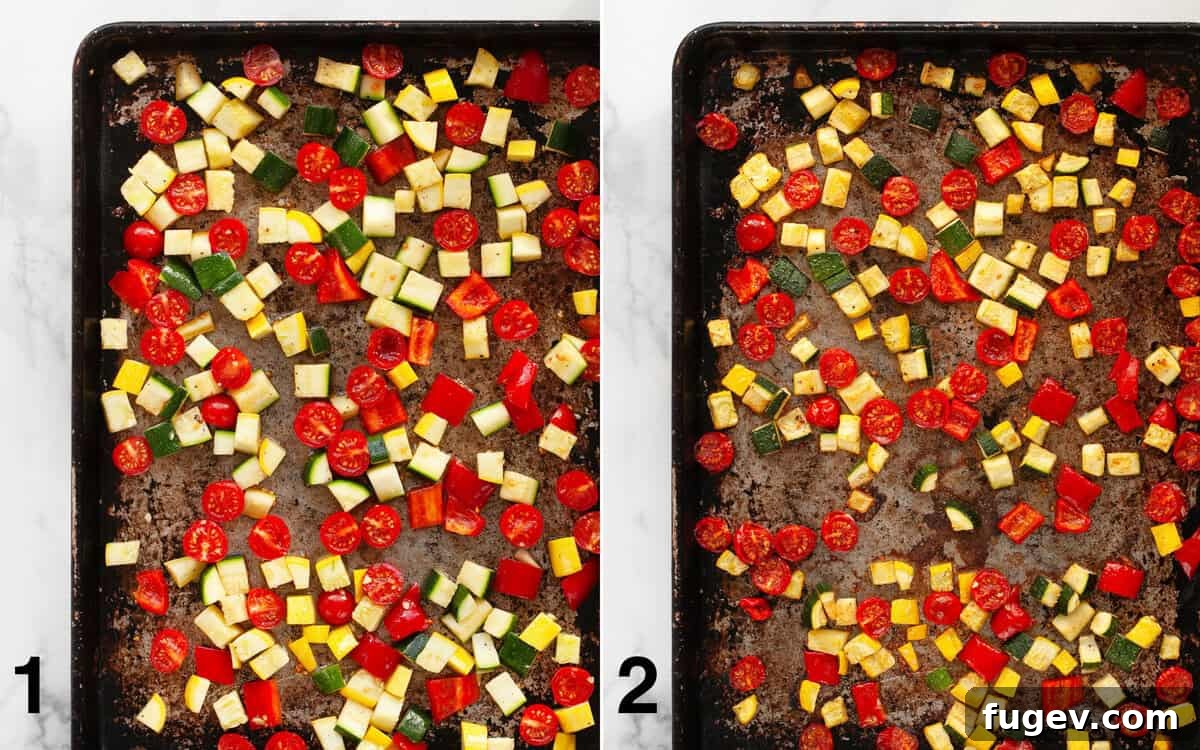 Golden Roasted Veggie Farfalle Salad 4 Sheet pans showing vegetables before and after roasting, highlighting the color and texture transformation.