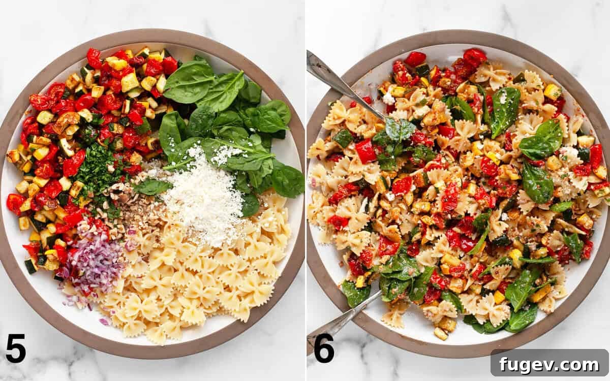 Golden Roasted Veggie Farfalle Salad 6 A large bowl showcasing the combined pasta salad ingredients before dressing, and then after being tossed with the vinaigrette.