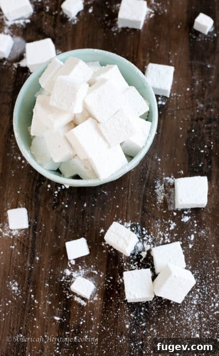 Fluffy Homemade Marshmallows 5 Homemade vanilla marshmallows arranged neatly on a plate, dusted with powdered sugar.