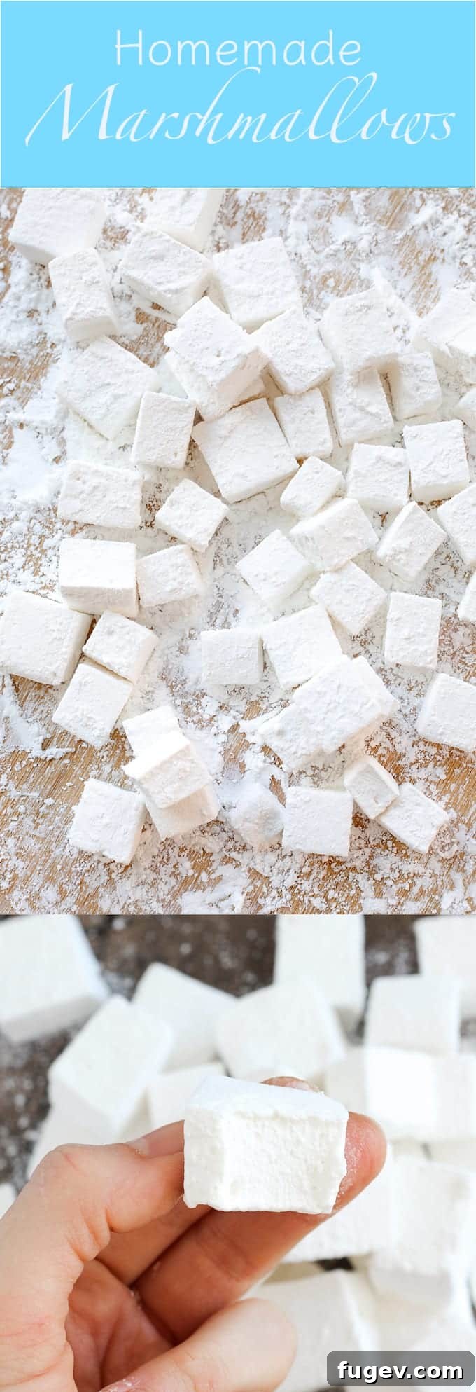 Fluffy Homemade Marshmallows 8 Assortment of homemade vanilla marshmallows cut into squares, coated with powdered sugar.