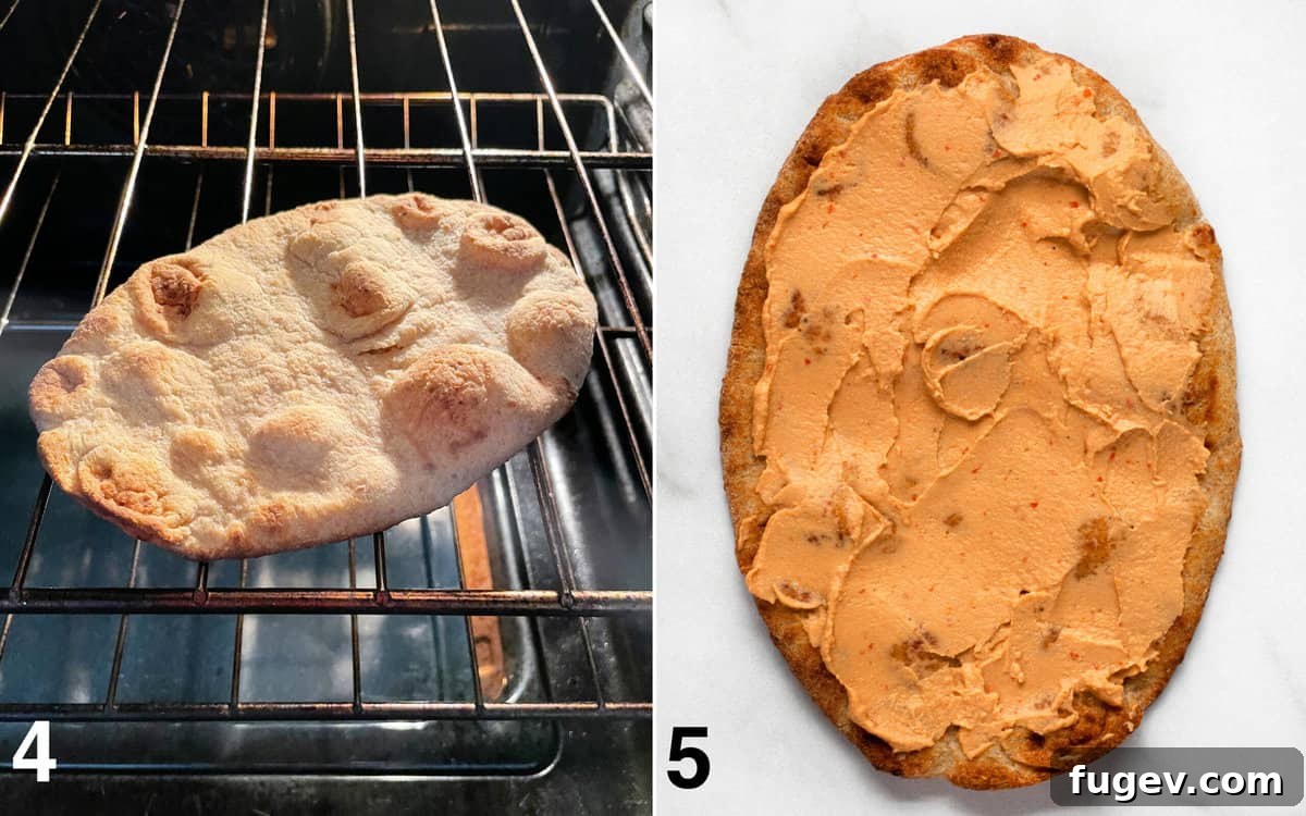 Roasted Garden Vegetable Naan Flatbread 6 A warm naan bread placed directly on an oven rack, followed by an image of naan with hummus evenly spread, leaving a visible border.