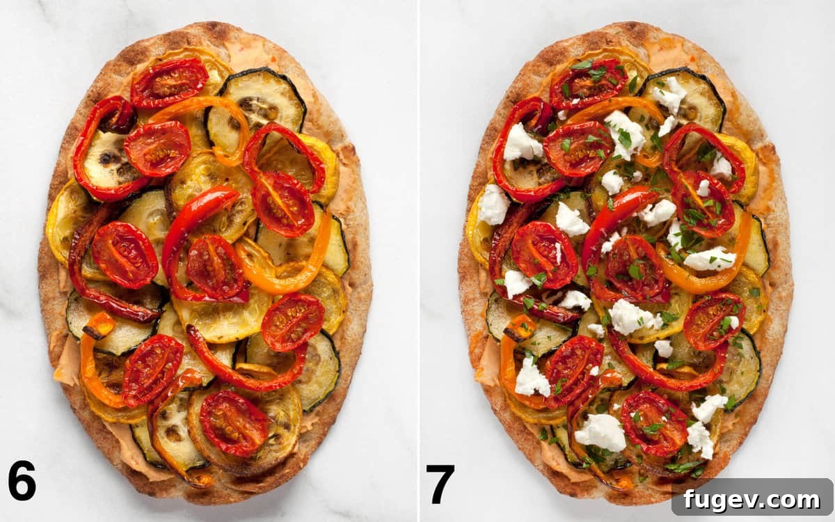 Roasted Garden Vegetable Naan Flatbread 7 One naan flatbread topped with a colorful assortment of roasted vegetables, and another naan flatbread fully assembled with roasted vegetables, crumbled feta, and fresh herbs.