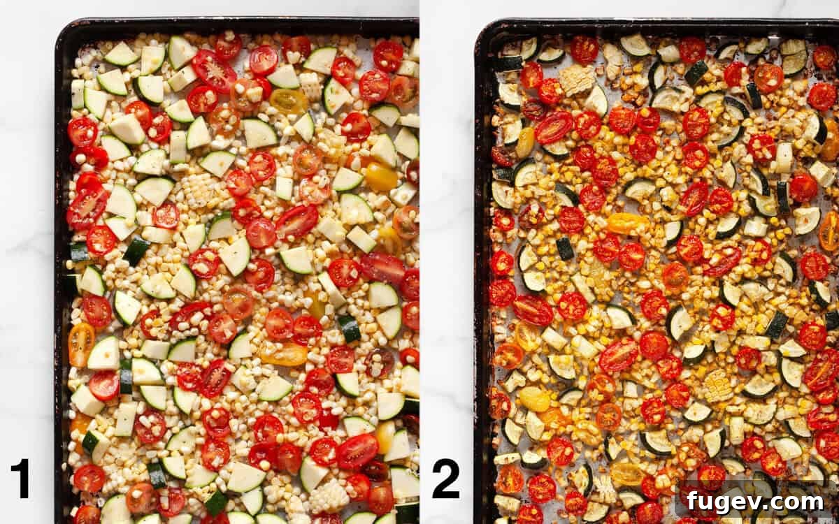 Golden Roasted Vegetable Barley Salad 4 Tomatoes, corn and zucchini on a sheet pan shown before and after roasting for the barley salad.