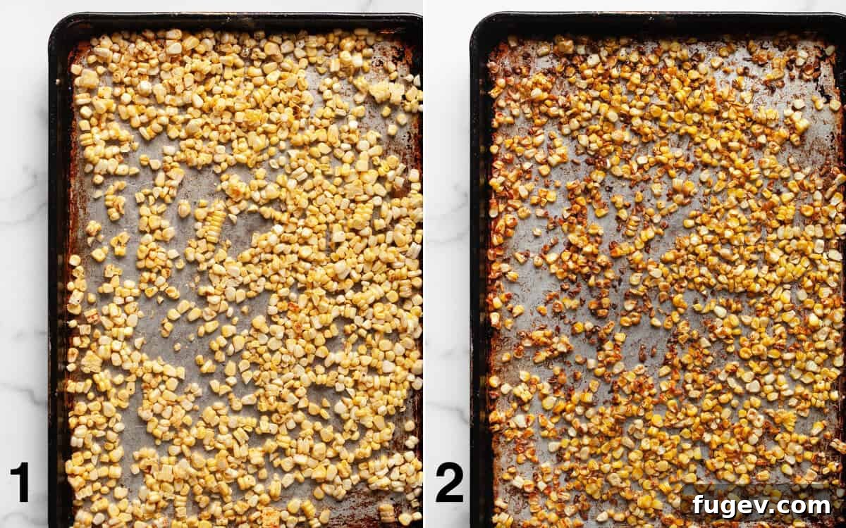 Quinoa Fiesta Bowl 4 Before and after images of corn on a sheet pan, showing the transformation from fresh to perfectly roasted kernels for the salad.