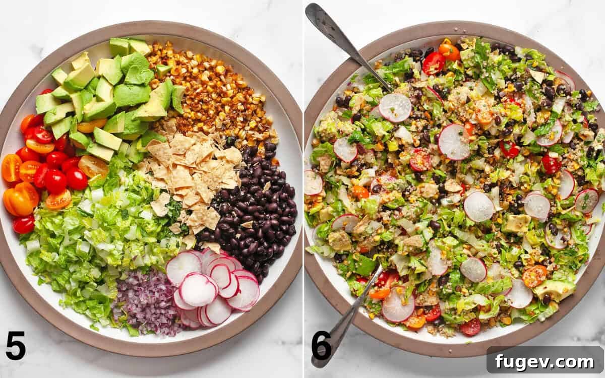 Quinoa Fiesta Bowl 6 The final stages of salad assembly, with ingredients gathered in a large bowl, and the dressed salad with quinoa ready to be served.