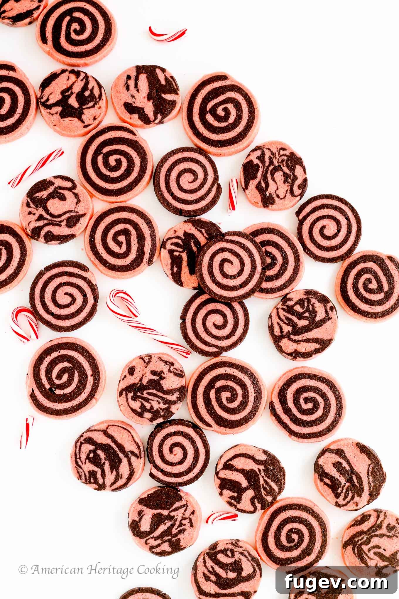 Frosted Peppermint Chocolate Delights 2 Beautifully swirled Chocolate Peppermint Sugar Cookies on a white background, perfect for Christmas.