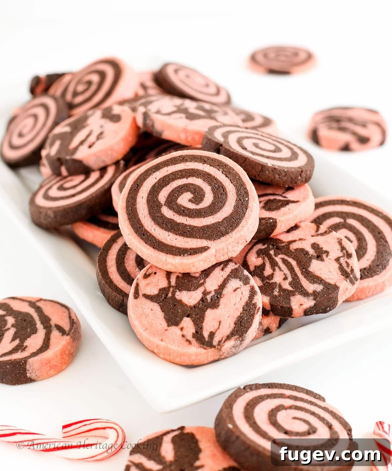 Frosted Peppermint Chocolate Delights 6 A close-up of a single Chocolate Peppermint Sugar Cookie showcasing its beautiful swirl and tender texture.