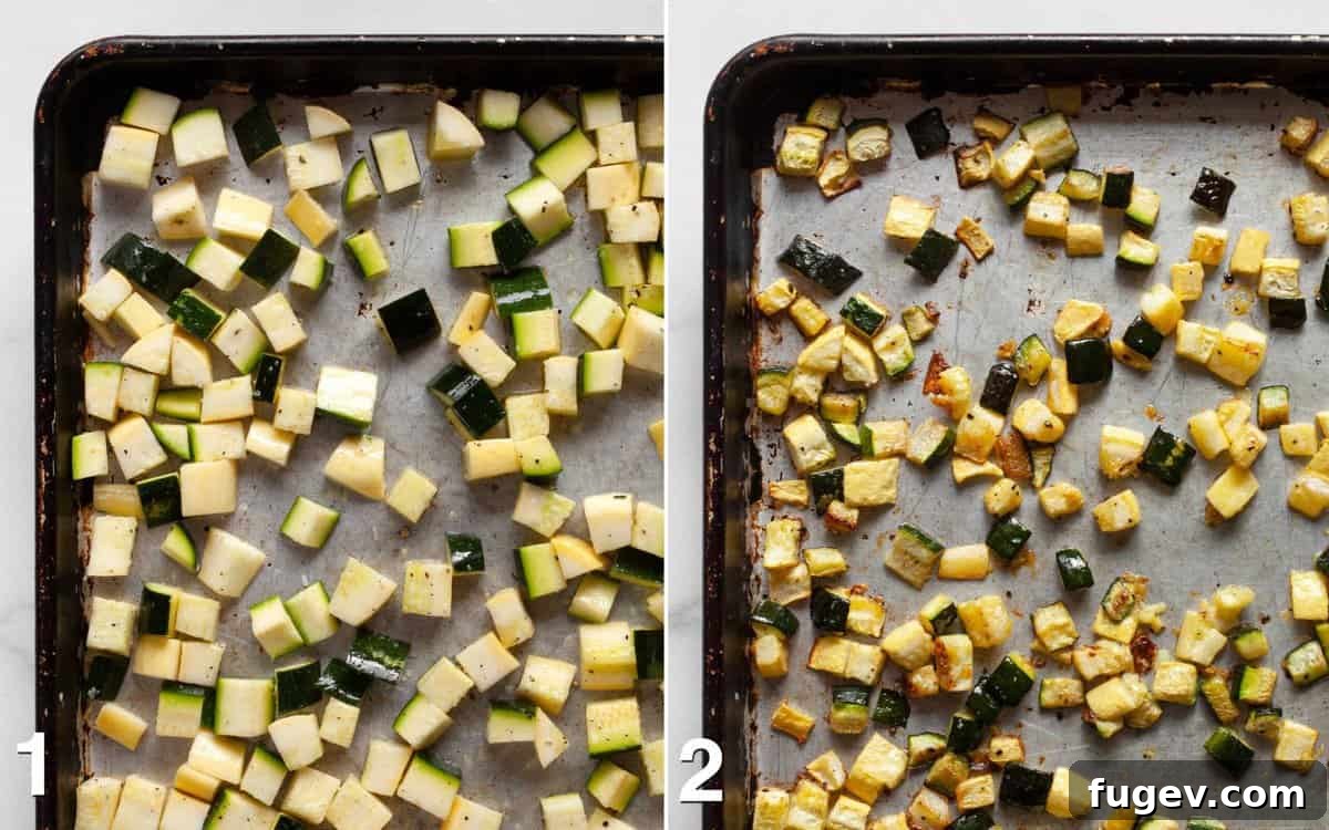 Parmesan Summer Squash Orzo 3 Two images side by side. The first shows diced zucchini and yellow squash tossed with olive oil, salt, and pepper on a sheet pan before roasting. The second shows the same vegetables after roasting, lightly browned and tender.