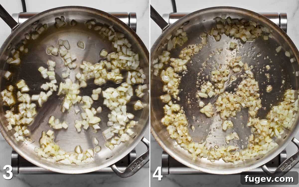 Parmesan Summer Squash Orzo 4 Two close-up images in a split view. One shows diced onions sautéing in olive oil in a skillet. The other shows minced garlic and seasonings being stirred into the softened onions.