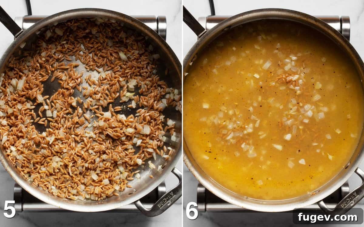 Parmesan Summer Squash Orzo 5 Two images. The first shows dry orzo being stirred into sautéed onions in a skillet. The second shows vegetable broth being poured over the orzo in the skillet, ready to simmer.