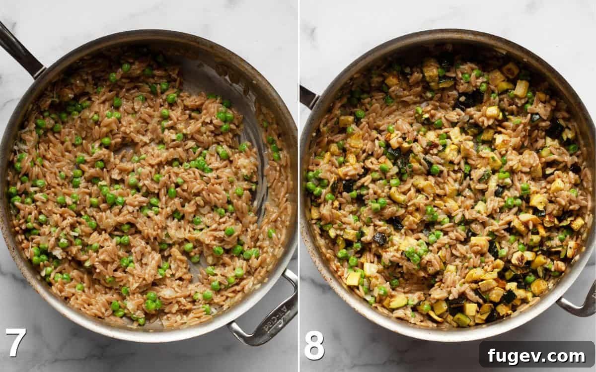 Parmesan Summer Squash Orzo 6 Two images. The first shows bright green peas being stirred into the creamy Parmesan orzo. The second shows the roasted squash and zucchini gently folded into the finished orzo mixture.