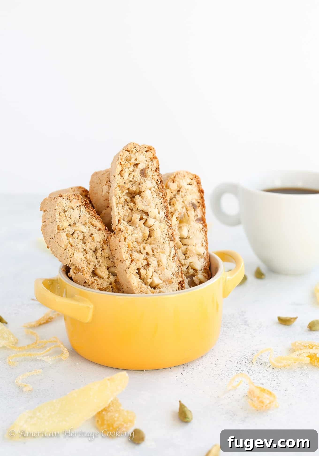 Zesty Ginger-Orange Almond Biscotti 3 Close-up of freshly baked Ginger Orange Almond Biscotti with nuts and candied fruit