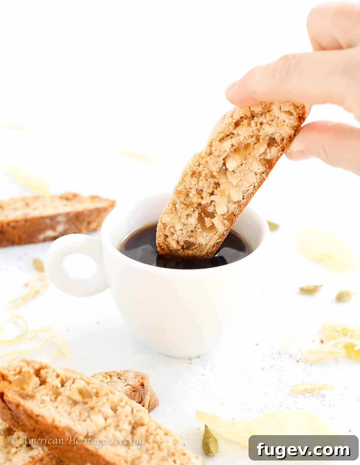 Zesty Ginger-Orange Almond Biscotti 5 Artfully arranged Ginger Orange Almond Biscotti with a rustic background