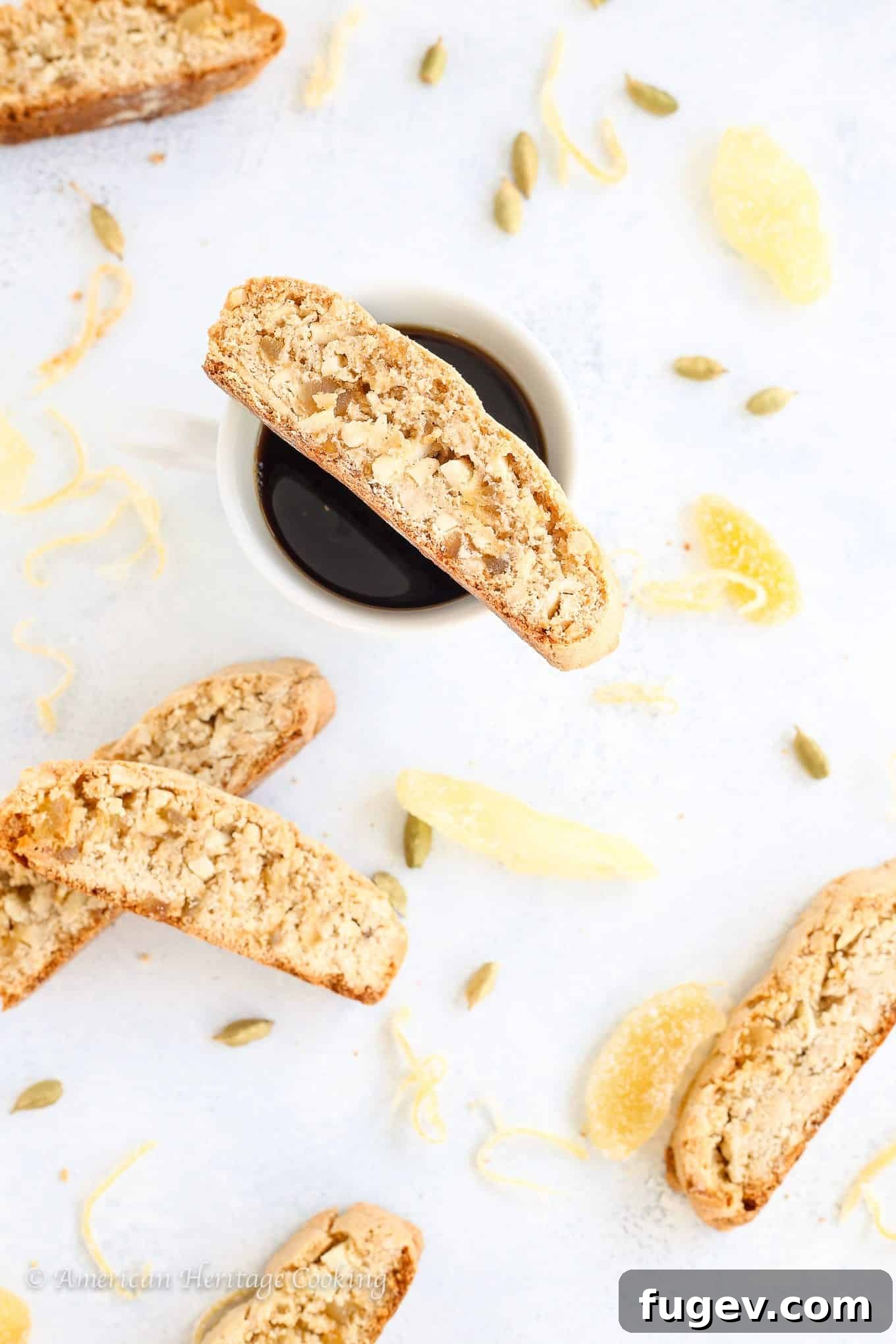 Zesty Ginger-Orange Almond Biscotti 7 Rustic scene with Ginger Orange Almond Biscotti and coffee