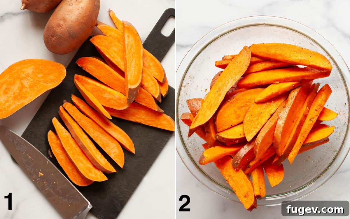 Effortlessly Delicious Grilled Sweet Potatoes 4 Two images: one showing uniformly sliced sweet potatoes on a cutting board, and another with sweet potato slices being tossed with olive oil and spices in a large mixing bowl.