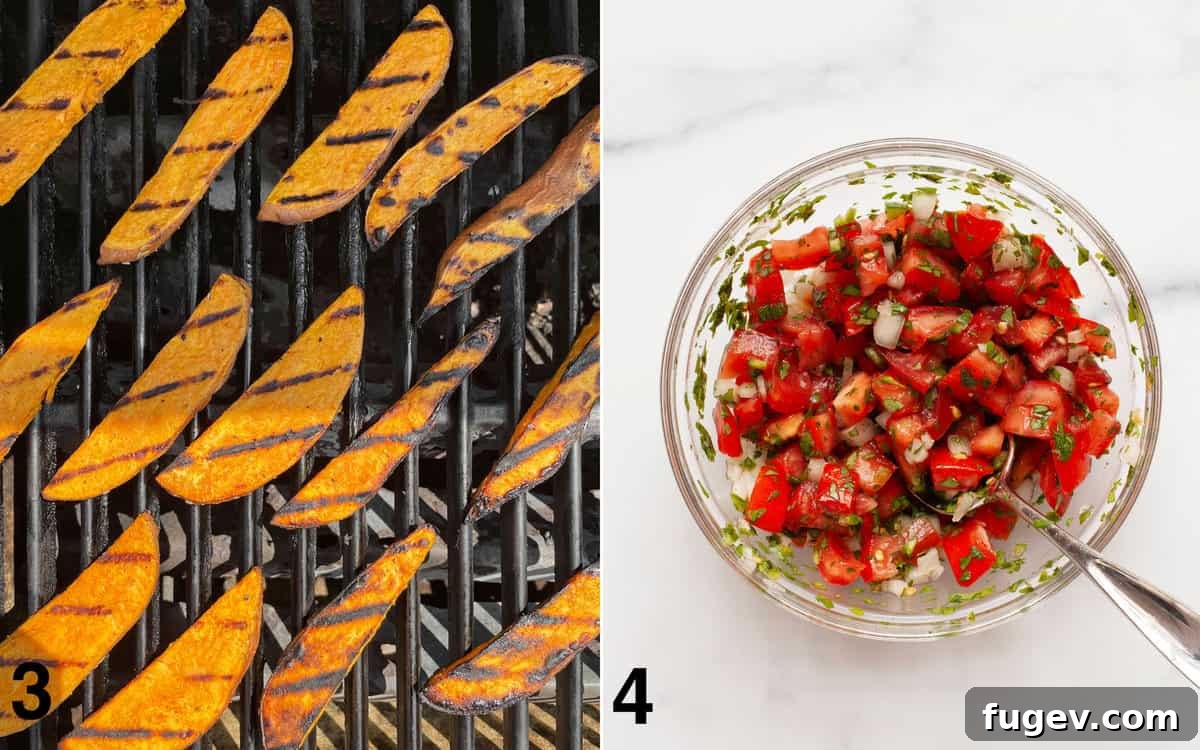 Effortlessly Delicious Grilled Sweet Potatoes 5 Two images: one showcasing sweet potato slices cooking on a hot grill, and another featuring a bowl of freshly prepared pico de gallo.