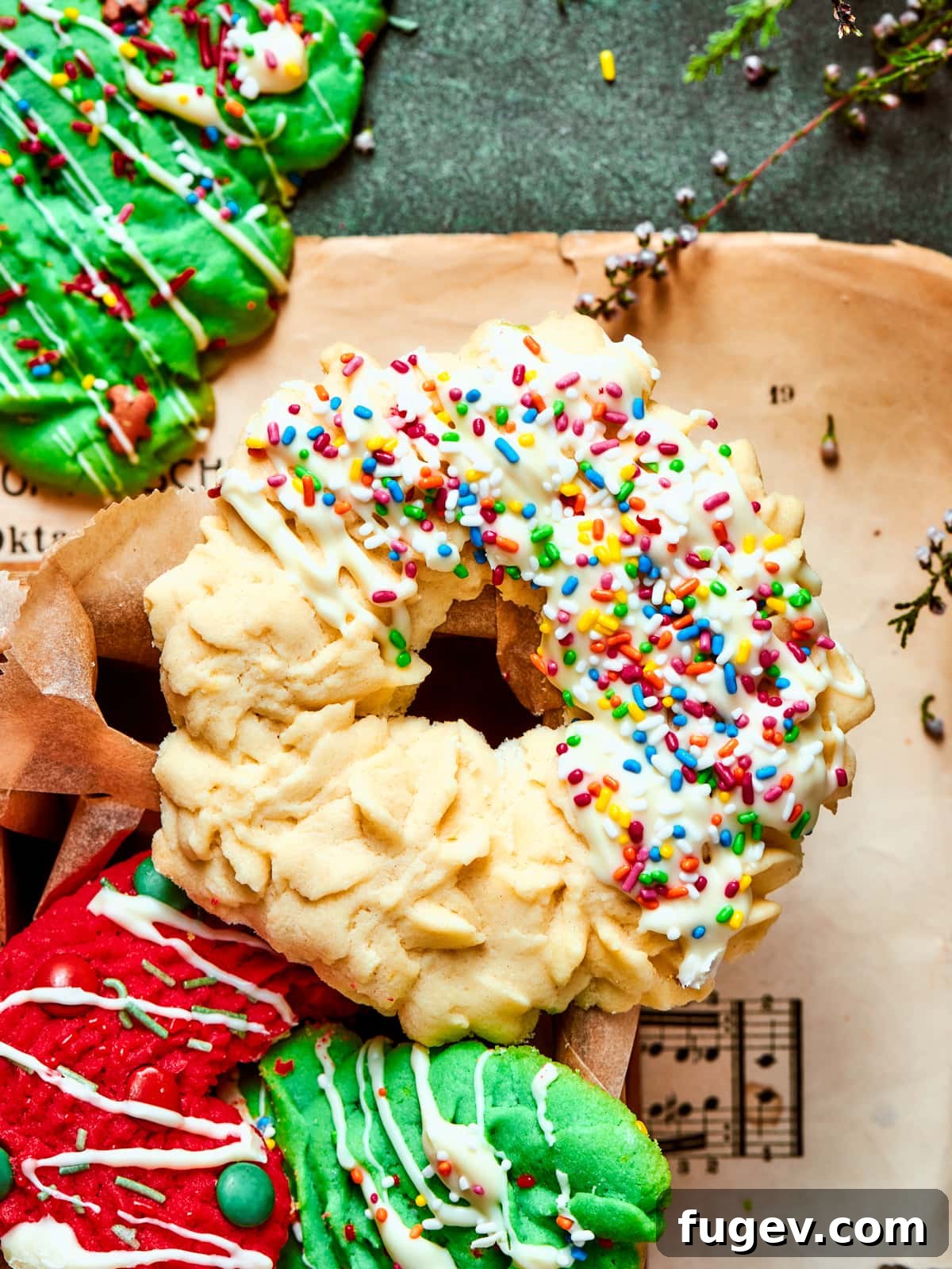 Easy Spritz Cookie Perfection 13 Spritz cookie shaped like a wreath and covered with colorful festive sugar sprinkles.