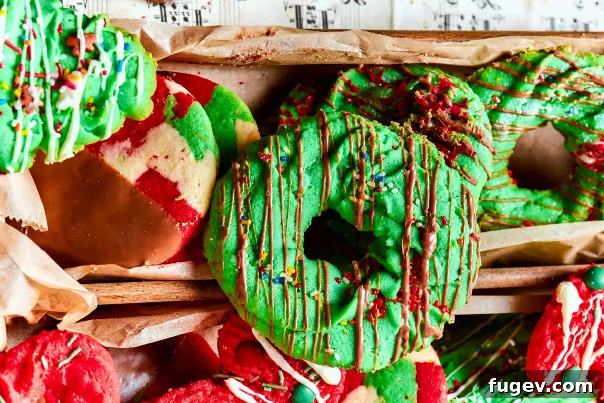 Easy Spritz Cookie Perfection 5 Assorted spritz cookies in red, green, and vanilla shades spread out for holiday serving.