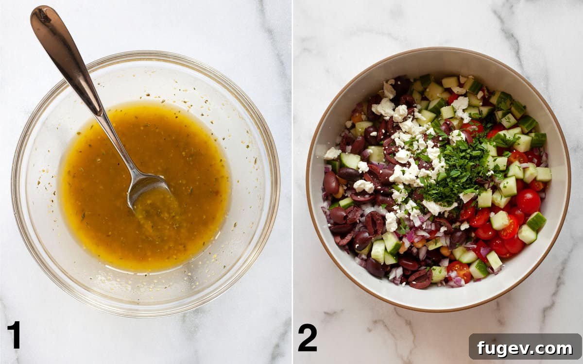 Vibrant Mediterranean Bean Medley 4 Two images side by side: one showing Italian vinaigrette being stirred in a small bowl, and the other showing all salad ingredients assembled in a large mixing bowl before dressing.